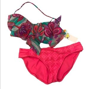 Raisins Teal Pink Orange Flounce Bra Bikini Top wiSolid Pink Bottoms Swimsuit XL